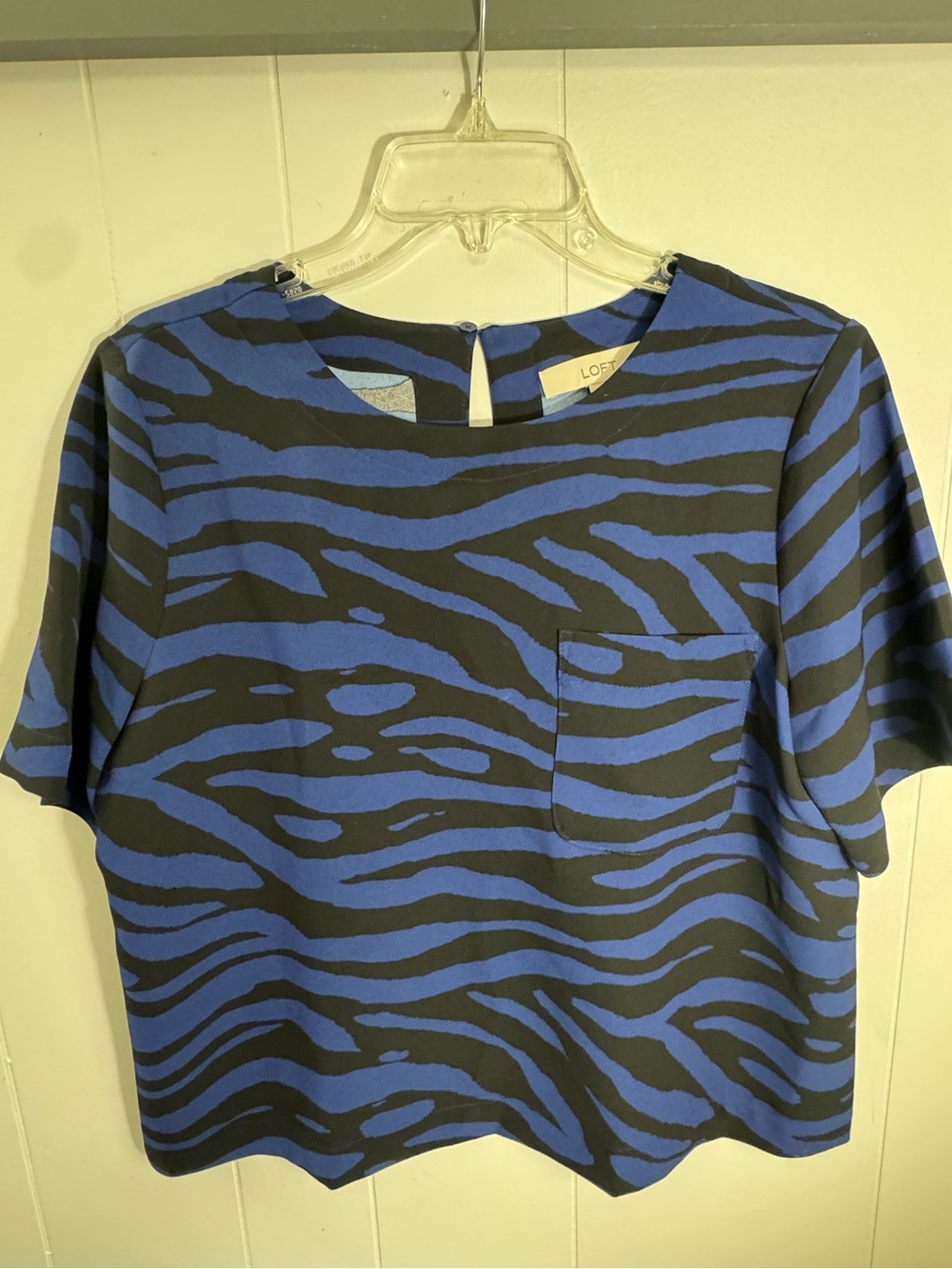 LOFT short-sleeve boxy top - bold, royal blue and black zebra animal print.